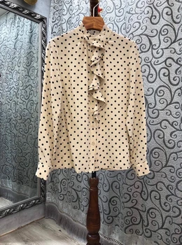 

Women's 2020 New Style for Autumn and Winter Collar Wooden Ear Stitching Decorations Dot Prints Long Sleeve All-match Shirt 907