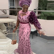 

Chic One Shoulder Aso Ebi Party Gowns Tulle Puffy Sleeves Lace Beaded Mermaid Plus Size Women Evening Dresses