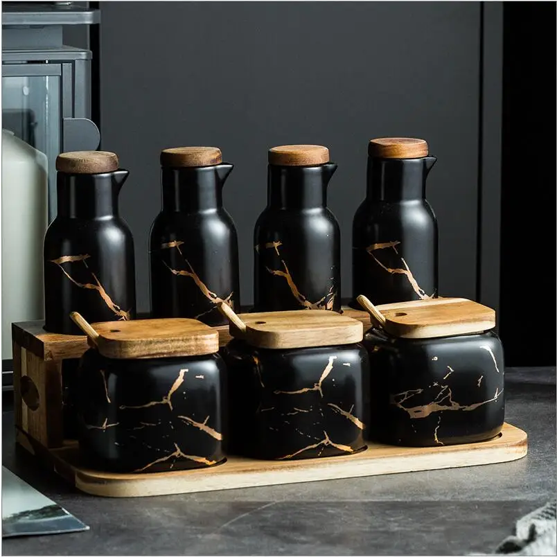 Скандинавские матовые мраморные керамические банки для приправ, бутылка для масла, бытовая коробка для приправ, кухонные принадлежности, набор бутылок для приправ