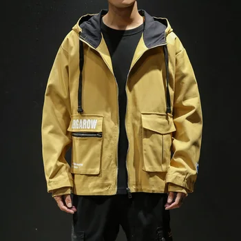 

Japanese Style Oversize M-5XL Kahki Patchwork Pocket Top Fashion Windbreaker Autumn Zipper Men Fashion Black Loose Hooded Jacket