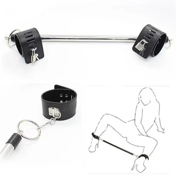 

Stainless Steel Restraint Bondage Spreader Bar with Lock & Keys Leather Wrist Ankle Cuffs for Women Couples-50