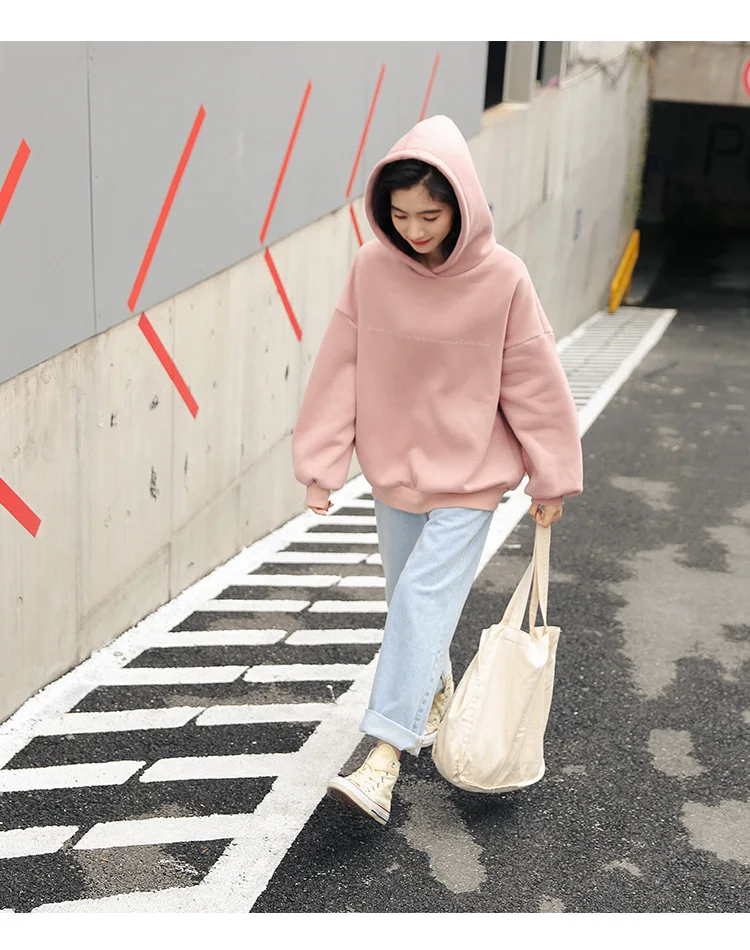 Harajuku повседневные толстовки Толстовка женская длинный рукав свободный пуловер с капюшоном Женская осенне-зимняя бархатная утепленная куртка