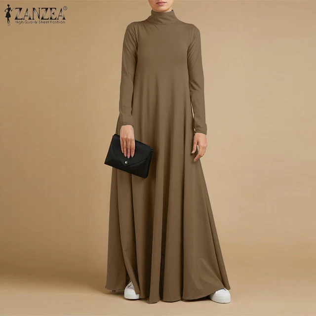 Autumn Turtleneck Long Sleeve Sundress Fashion Women Maxi Long Dress Baggy ZANZEA Elegant Solid Casual Vestido Kaftan Robe Femme 2