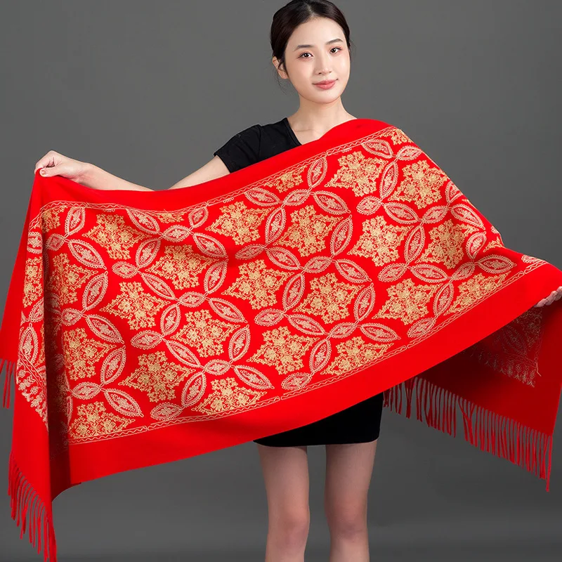Autumn Winter New Cashmere Pashmina Scarves Female Warm Long Blanket Thick Shawls Travel All-match Gold Thread Embroider Wraps 6