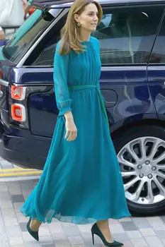 

New Kate Princess Blue Solid Women Dress Fashion O-Neck Long Sleeve Dresses A1117