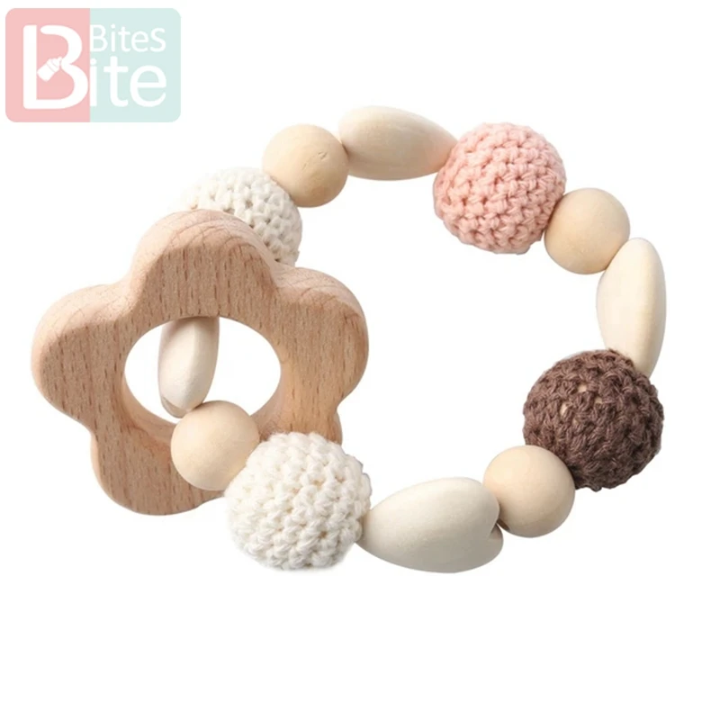 Flower Rattle Bite bites1pc детский деревянный Прорезыватель детская погремушка крючком бусы подарки на год Прорезыватель для зубов из пищевого силикона безопасные игрушки - Цвет: Flower Rattle