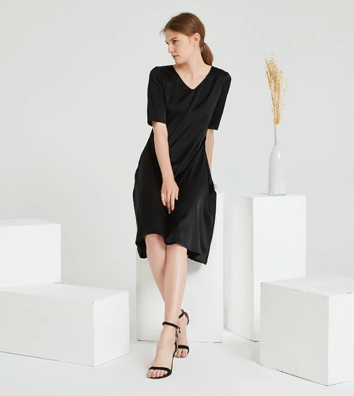 Модное шелковое платье с v-образным вырезом из тяжелого шелковистого шелка, женское длинное платье, цвет черный, большой размер