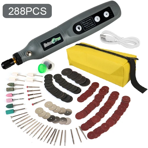 USB Mini Cordless Drill Pen Rechargeable Wireless Engraving Pen With LED Rotary Tool Dremel Electric Drill Grinding Accessories Gray-288PCS