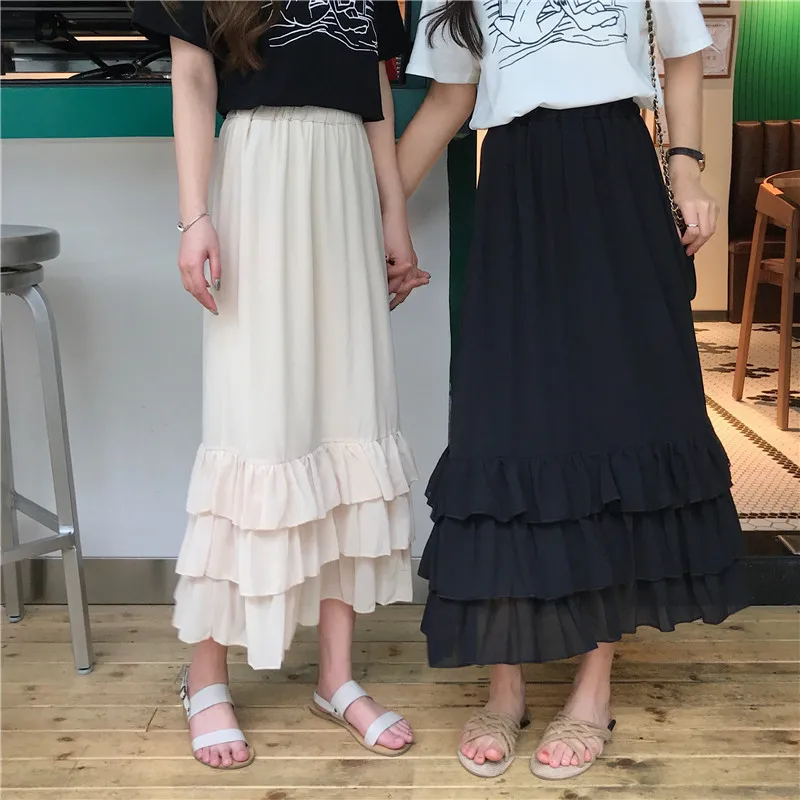 

Photo Shoot 2019 Spring And Summer New Style WOMEN'S Dress Korean-style Sweet Solid Color Frilled Cascading Mid-length Skirt