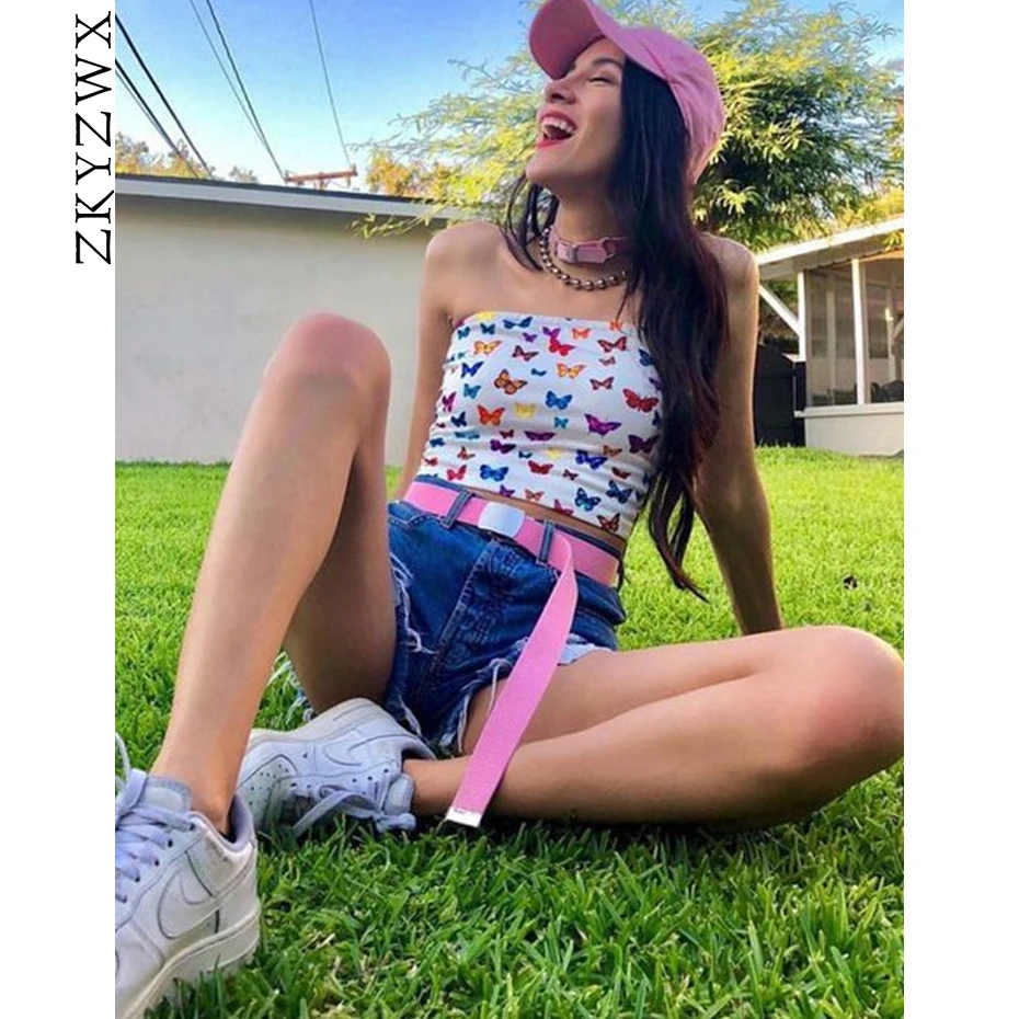 

ZKYZWX Butterfly Print Tube Crop Tops Women 2020 Summer Sexy Outfits Vest Rave Festival Clothes Backless Off Shoulder Tank Top