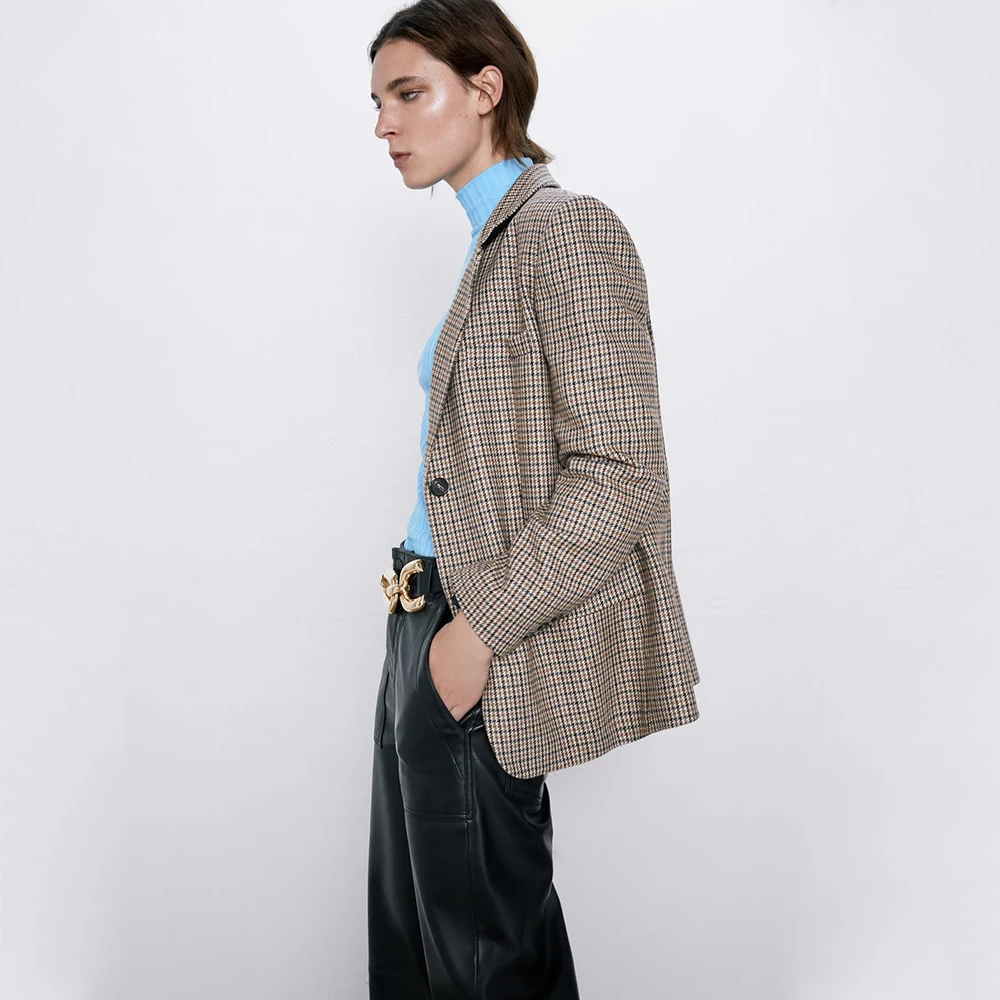 Ladyfirsy ZA клетчатый блейзер для женщин осень зима трендовый офисный женский элегантный пиджак с карманами
