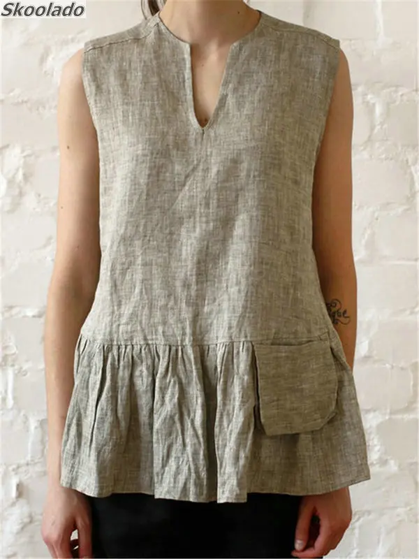 

summer sleeveless cotton linen tops female style fashion comfortable clothes good quality lady loose holiday clothes linen wome