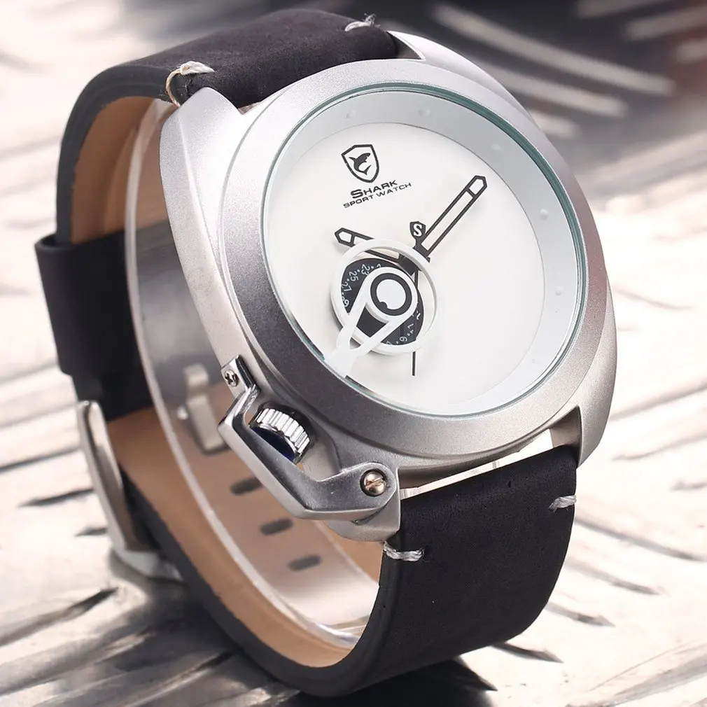 White SH450 Tawny SHARK спортивные часы с красной датой Корона Guard дизайн мужские Роскошные Натуральная кожа наручные часы Мужские Модные Кварцевые Relogio/SH446 - Цвет: White SH450