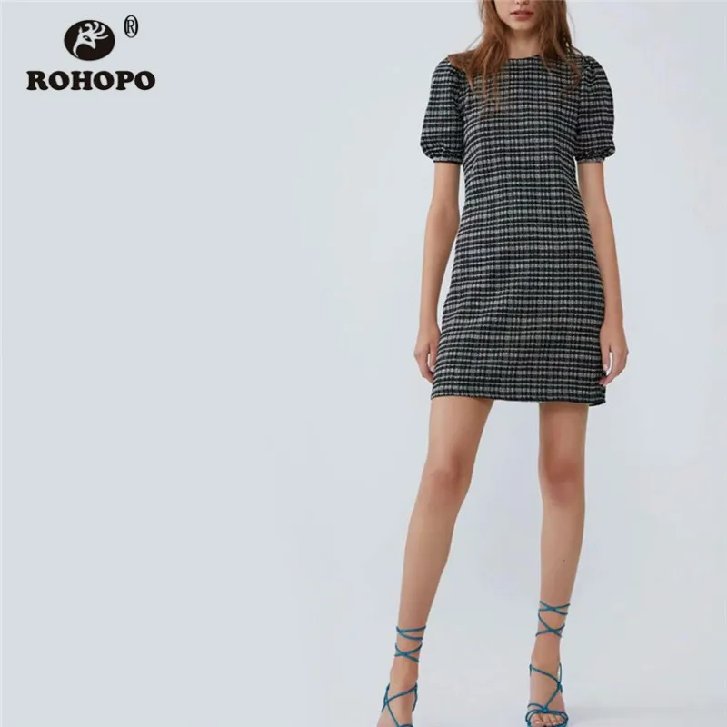 

ROHOPO Round Collar Puff Short Sleeve Crop Striped Mini Dress Back Split Neck Blend Fabric Ladies A-line Robe #2332