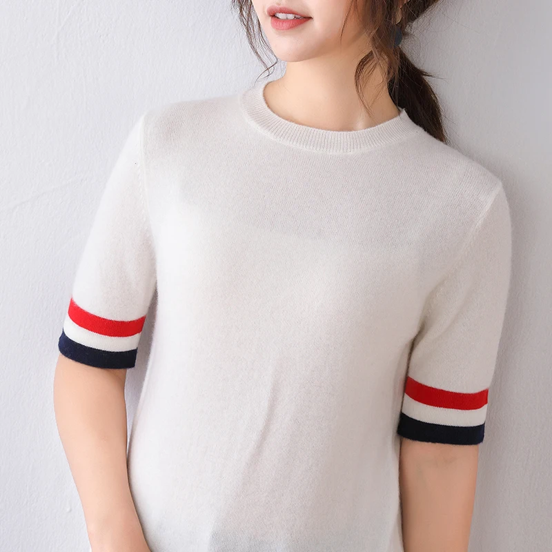 female T-shirt white knitted pullover short sleeves spring warm fashion women tops round neck short casual wool shirt female T-shirt white knitted pullover short sleeves spring warm fashion women tops round neck short casual wool shirt