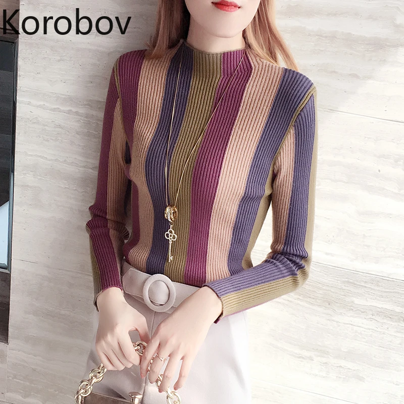 

Korobov Korean Striped Hit Color Patchwork Women Pullovers Vintage Half Turtleneck Long Sleeve Sueter Mujer Winter Sweater 79066