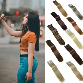 

DIANQI clip in hair extension 16 clips long blonde 22 inches straight heat resistant synthetic hair color for woman