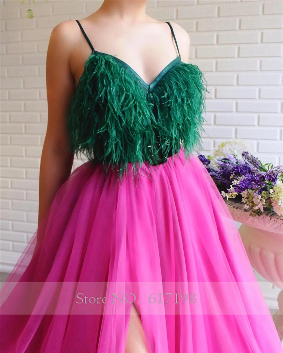 Spaghetti Straps Green and Rose Front Slit A-line Prom Dress Two Stones Sexy Feather Evening Dress vestidos formatura vintage prom dresses