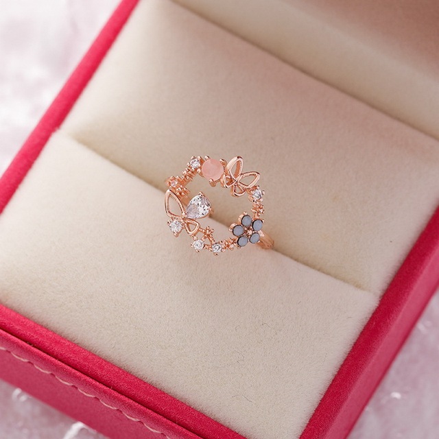 New Gorgeous Geometric Flower Hollow Butterfly Bowknot Full Zircon Opening Finger Ring For Women Charm Beach Party Jewelry