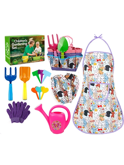 Kit petit jardinier accessoires pour enfant en plastique (gants + petits  outils + arrosoir + tondeuse)