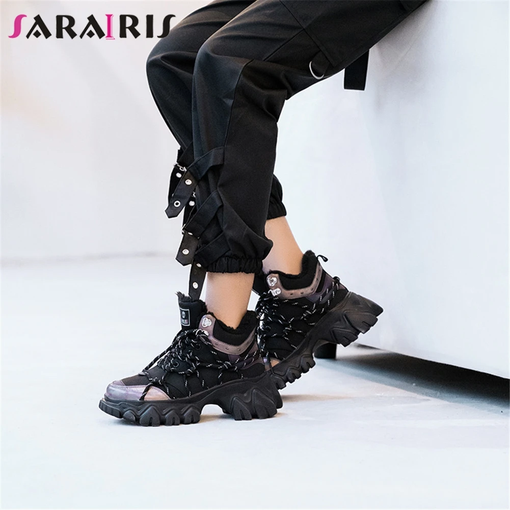 

SARAIRIS New Ladies Luxury Brand Winter Add Fur Sneakers Booties Genuine Leather Ankle Boots Fashion mixed-color Shoes Woman