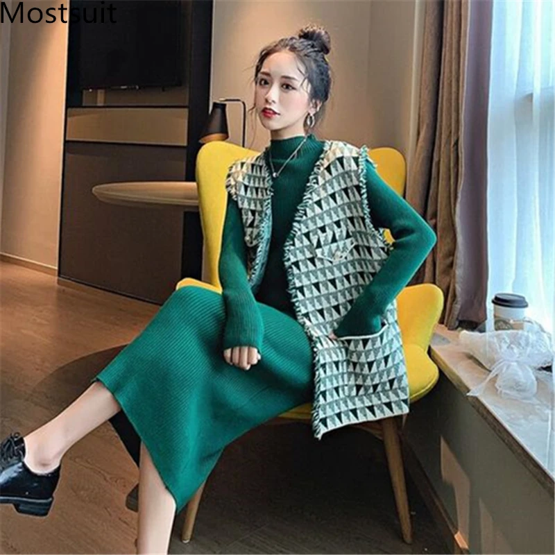 

Vintage Elegant Two Piece Sets Outfits Women Knitting Long Dress And Vest Suits Ladies Ins Style Autumn Winter 2 Pcs Sets 2019