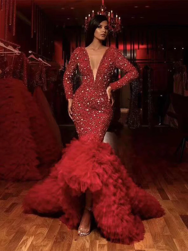 Women Sexy Girl dresses Trumpet V-Neck Sequined Long Sleeve Celebrity stage Elegant Evening Party Show Dress | Женская одежда