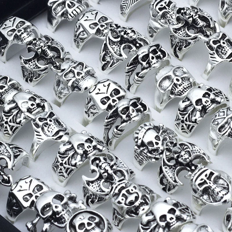 

25 Pcs/lot Skull Rings for Men Women Wholesale Rings Punk Skeleton Gothic Alloy Rings Style Jewelry