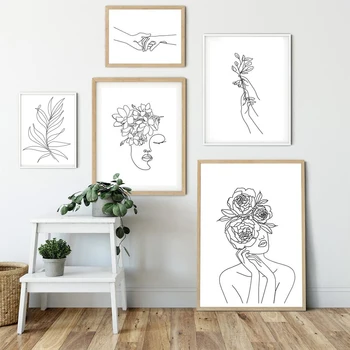

Wall Art Line Drawing Girl Print Minimalist Simple Fashion Poster Women Flower Leaf Body Sketch Black White Canvas Painting