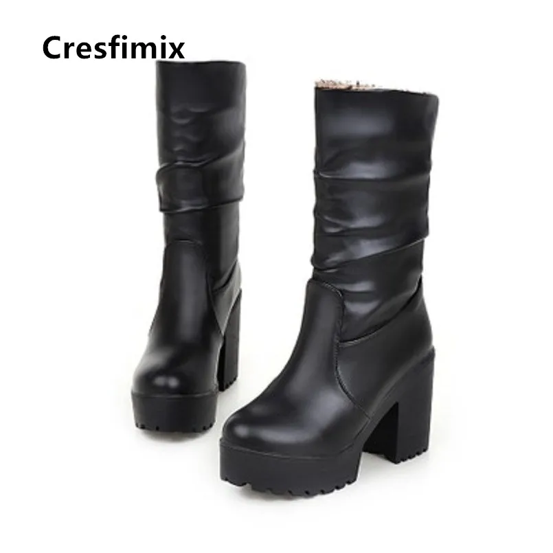 Cresfimix/Botas De Mujer; женские модные водонепроницаемые ботинки из искусственной кожи на высоком каблуке белого цвета; женские повседневные ботинки черного цвета; сезон осень-зима; C6042