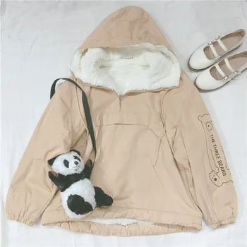 

Winter Coat lamb wool Cartoon Bear print pullover Loose Soft sister Student Long Sleeve Hoodie Teenage girl Tops College style