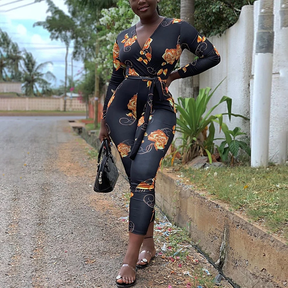 

Fadzeco Women Sexy Deep V Neck Bodycon Jumpsuits Long Sleeve Floral Skinny Long Pants Jumpsuit One Piece Outfits Rompers Club