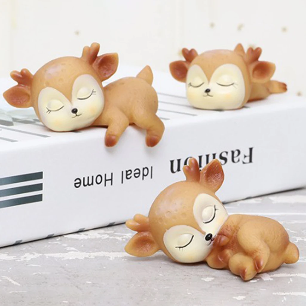 3pcs Miniature Animal Ornaments Cute Deer Figurines Toys Kawaii Sleeping Baby Decor for Home Shop Office Tabletop Display