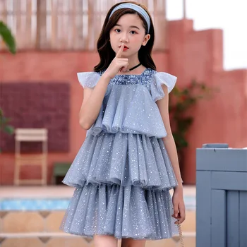 

Elegant Gray Sequined Layered Dress Baby Girl Clothes New Summer Kids Dresses for Girls Party and Wedding