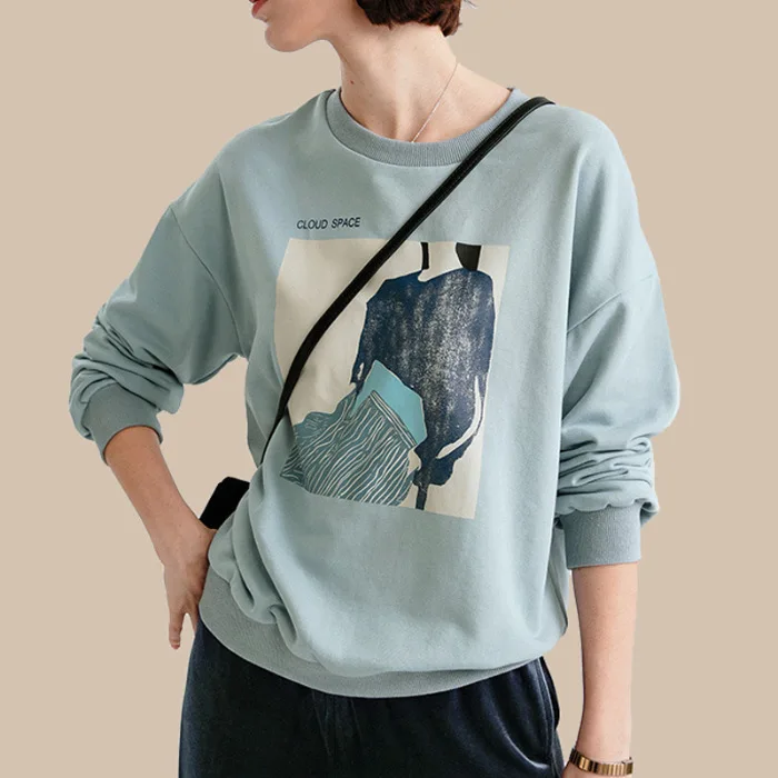 

Spring&Autumn Casual Style Blue Loose Fit Women Sweatshirt O Neck Long Sleeve Oversize Sweatshirts Free Shipping 2020 Kpop