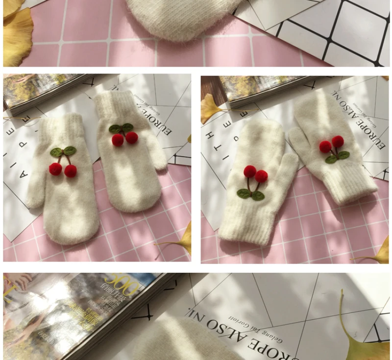 Women Winter Cute Lovely Keep Warm Mittens Full Finger Knitting Gloves Cherry Plus Velvet Inside Thicken Windproof Soft Female