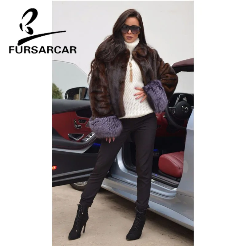 FURSARCAR Новый реального норки пальто Для женщин Зимние Оригинальные Кожаная куртка с Лисий Мех Манжеты Женская мода Короткие норки Верхняя