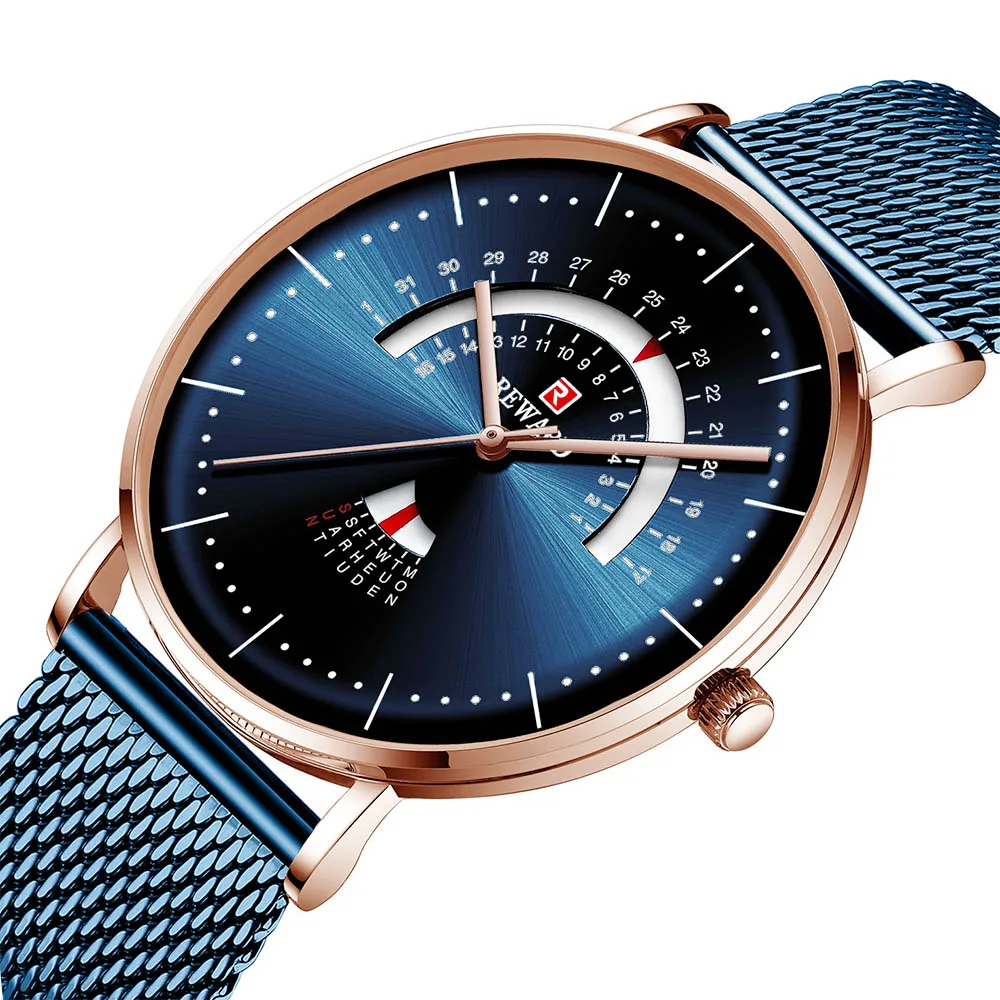 

Brand Designer Wristwatch Mens Creative Functional Week Date Dress Watch for Men Steel Blue Sports Clock Waterproof Relogio