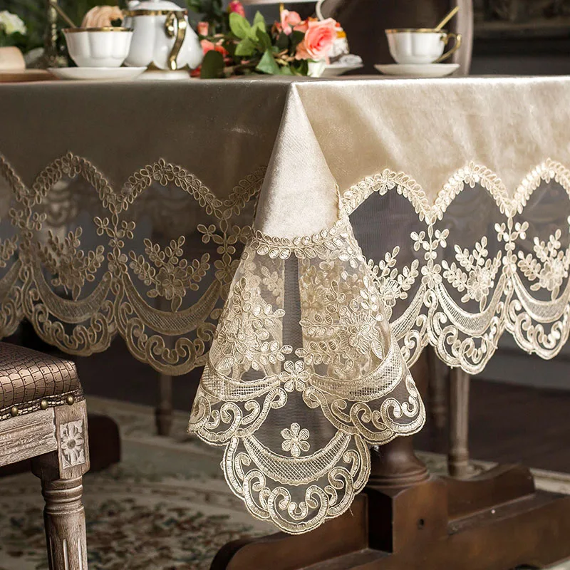  High grade European lace table tablecloth fabric rectangular dining table cover champagne coffee No