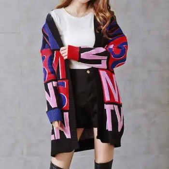 

Autumn Winter Women Letter Print Long Cardigan V-Neck Korean Style Loose Thick Knitted Sweater
