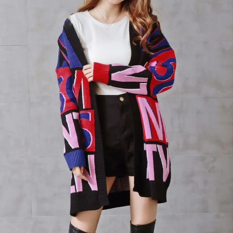 ^*Best Offers Autumn Winter Women Letter Print Long Cardigan V-Neck Korean Style Loose Thick Knitted Sweater