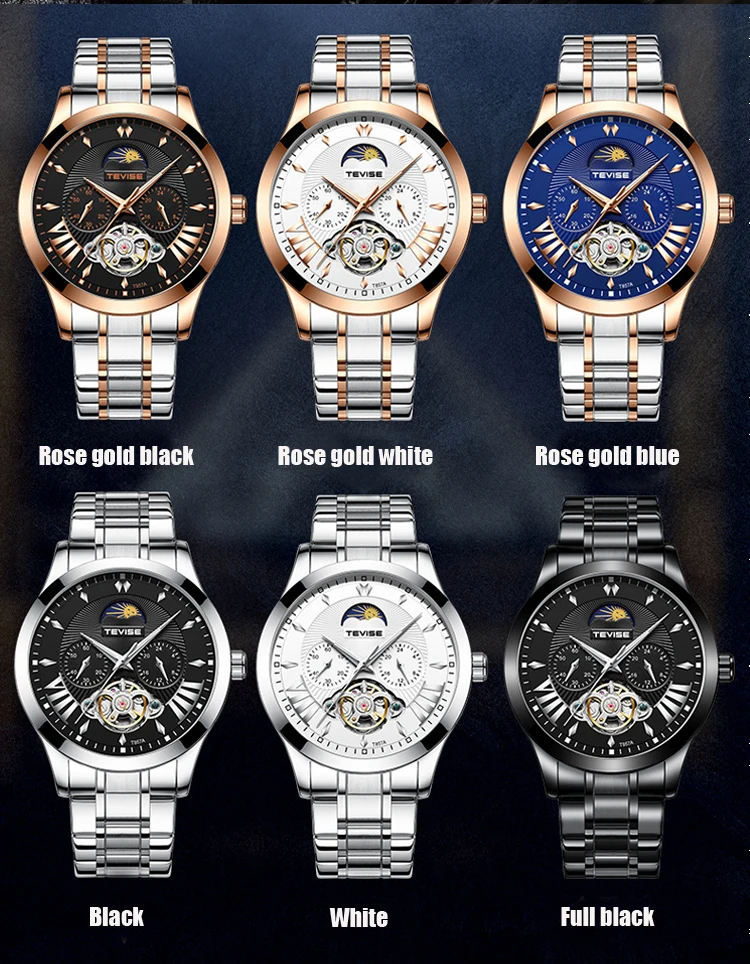 TEVISE Топ бренд класса люкс automatic Tourbillon Мужские механические часы модный стальной ремень Moon Phase светящиеся водонепроницаемые часы
