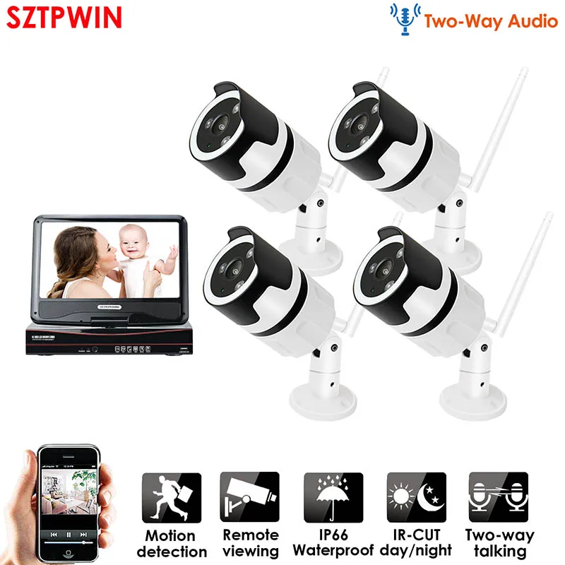 4ch two-way audio 8CH аудио talK HD беспроводной LCDNVR комплект P2P 1080P Крытый Открытый ИК ночного видения безопасности 2.0MP IP камера wifi CCTV системы - Цвет: 4ch two-way audio