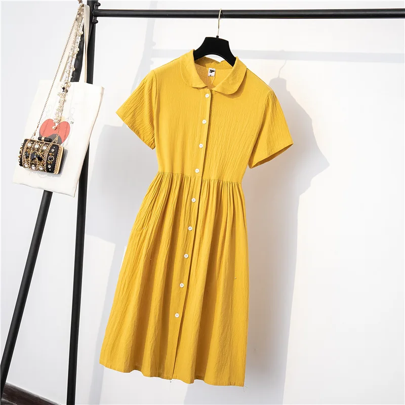 

2019 Summer New Style Large Size Dress Large GIRL'S Fashion Cotton Linen Loose-Fit Solid Color Mid-length Cardigan Dress