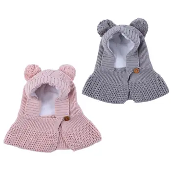 

Kids Autumn Winter Thick Warm Hats Knitted Plush Pompom Children Shawl Cap