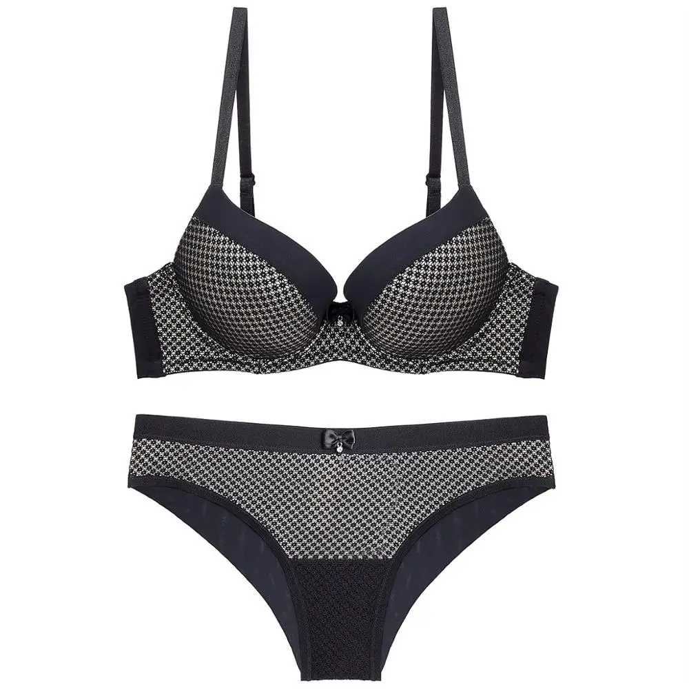 Women Padded Bra Set 3/4 Cup Houndstooth Pattern Underwired Push Up Padded Bra and Panties For Women Lingerie
