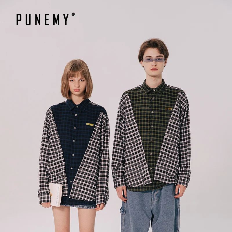 

Retro Harajuku Men Shirts Plaid Patchwork Japanese Streetwear Hip Hop Oversize Cotton Hawaiian Shirts Casual Man's Shirts