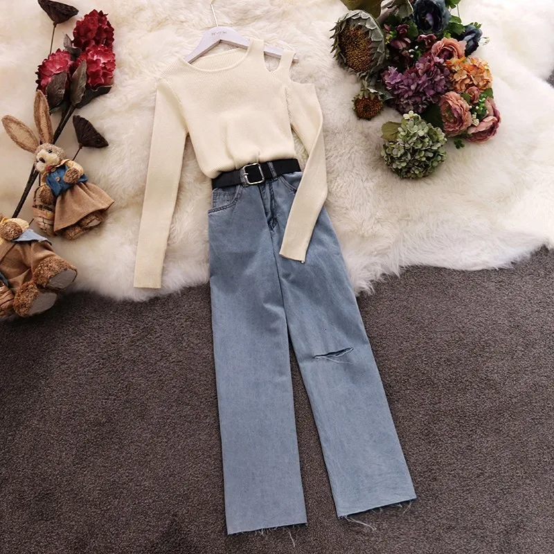

Round neck strapless long-sleeved sweater high waist straight jeans set 2019 autumn new women's clothing