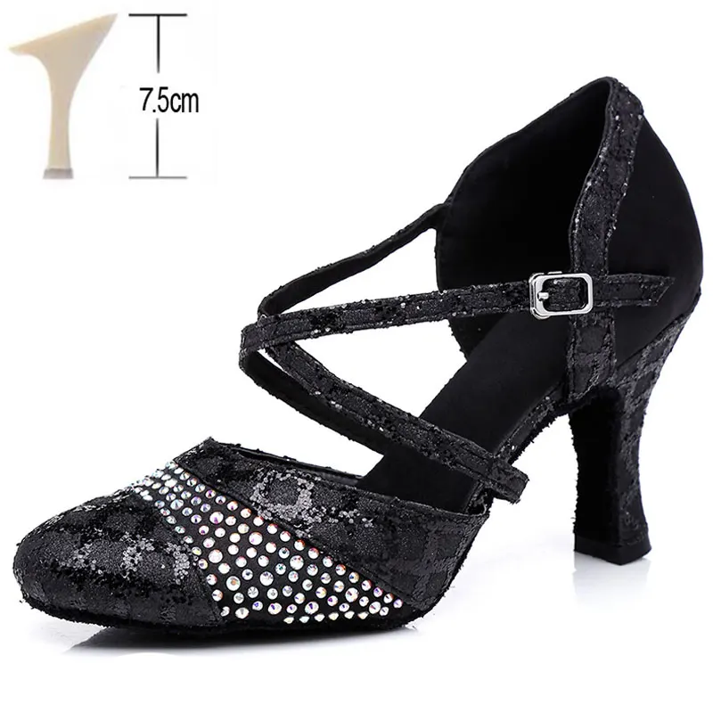 Black 7.5CM HROYL/Женская обувь для латинских танцев; женские танцевальные сандалии для танго и девушек; пикантные вечерние сандалии из искусственной кожи на каблуке 4,5-10 см - Цвет: Black 7.5CM
