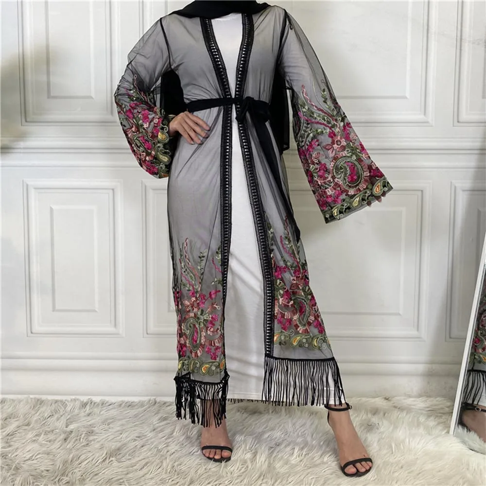 Eid Plus Size Kimono Mujer Abaya Women Turkey Islam Arabic Muslim Floral Embroidery Chiffon Cardigan Clothing Robe Chemise Femme